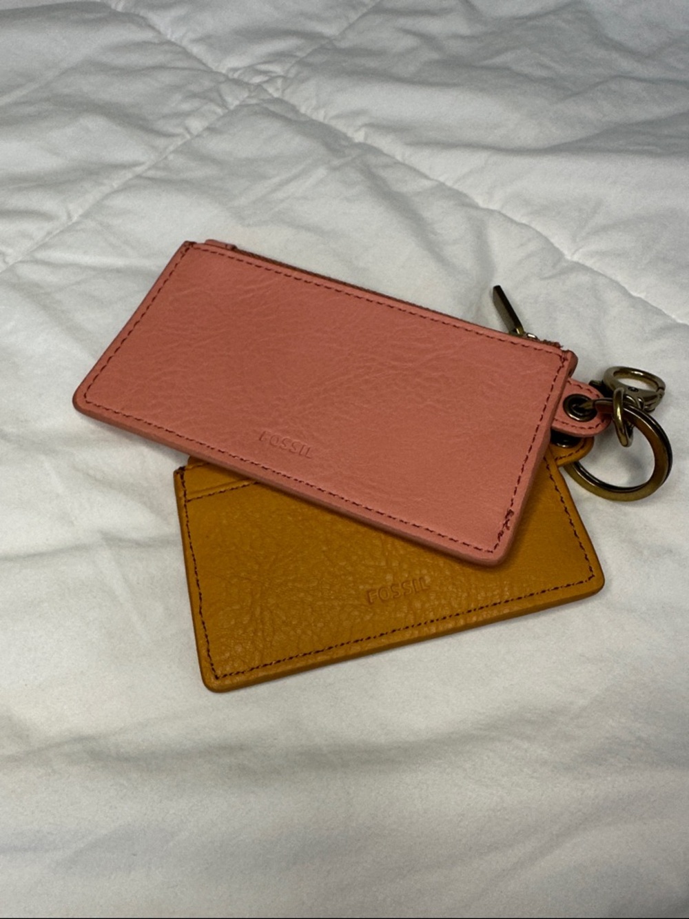 Fossil Pink Zip Pouch and Mustard Card Holder Keyring Set - Picture 2 of 4